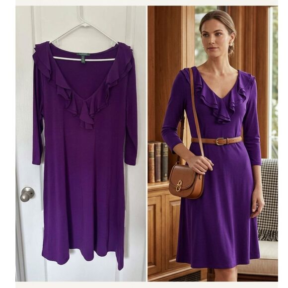 Lauren Ralph Lauren Dresses & Skirts - Lauren Ralph Lauren Purple Ruffle V-Neck Jersey Dress XL - Cotton Modal